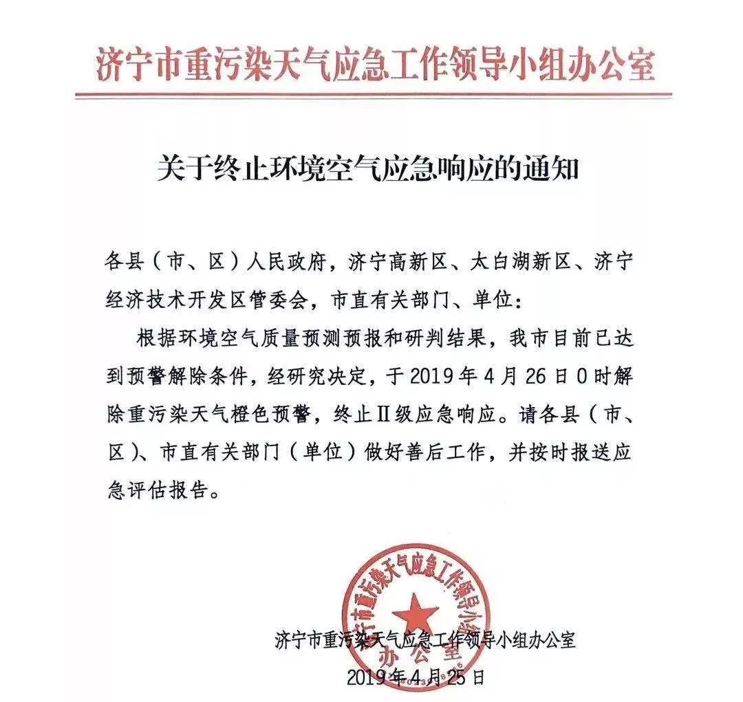 济宁市重污染天气应急工作领导小组办公室关于终止环境空气应急响应的通知