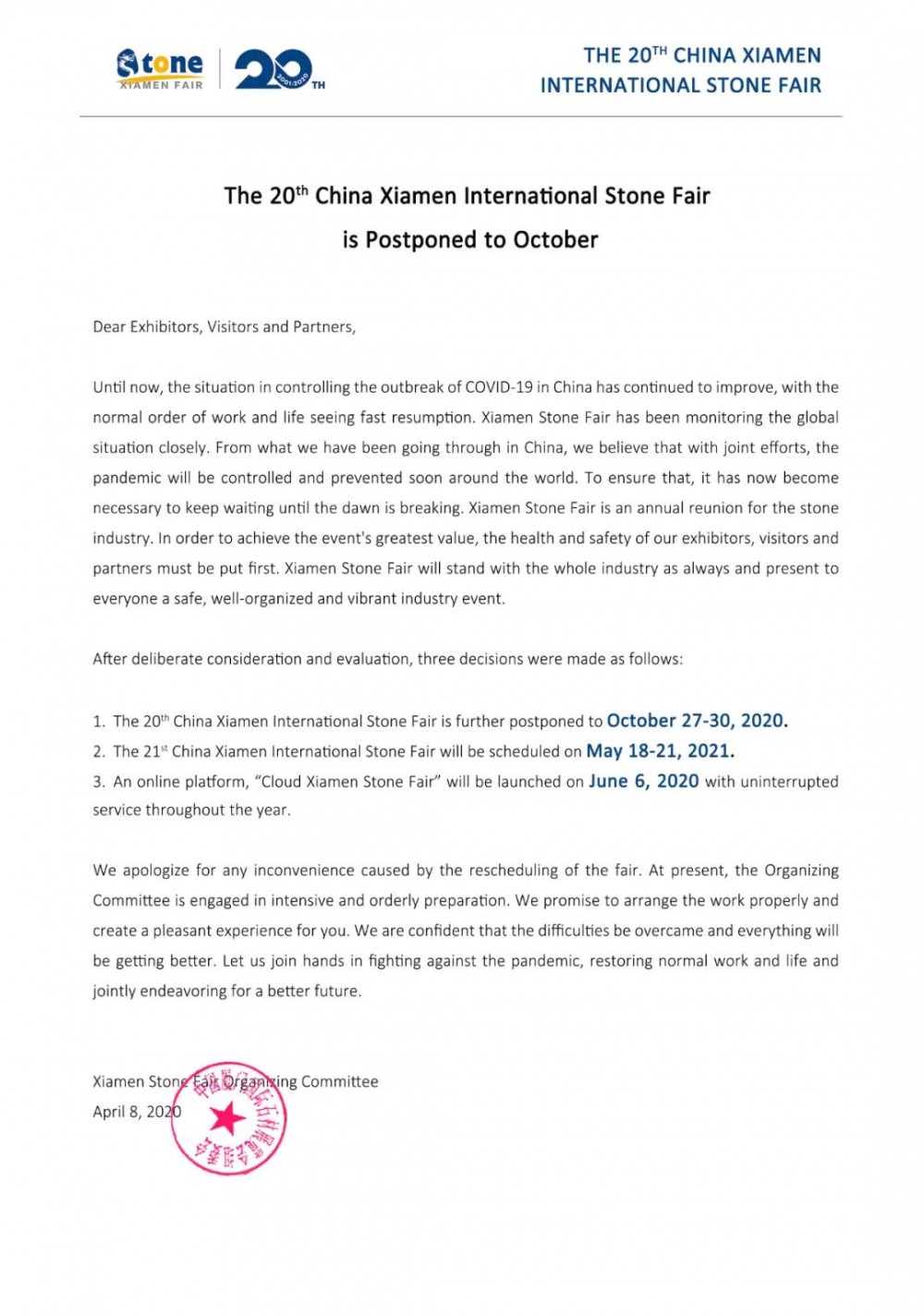 重要通知：第二十届中国厦门国际石材展将延期至10月举办 英文源文件
