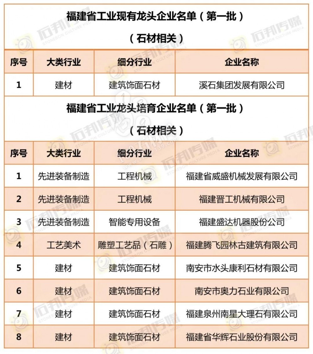 9家石材相关企业入选“福建省第一批工业龙头企业和工业龙头培育企业”名单