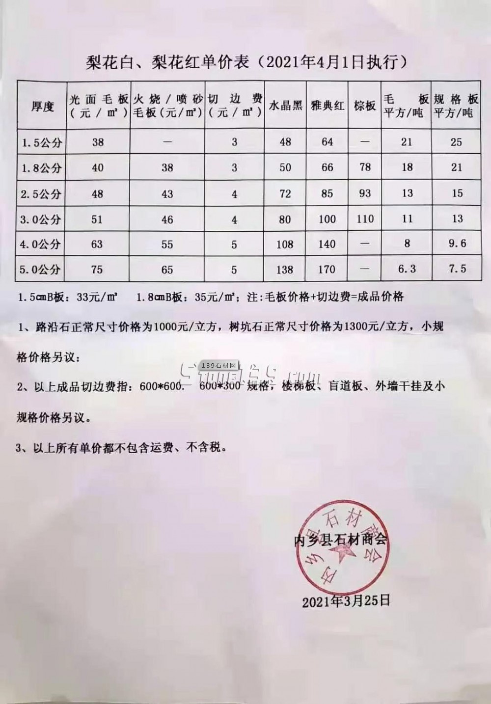 梨花白、梨花红、染色板等内乡花岗岩产品2021年4月1日执行价格表单